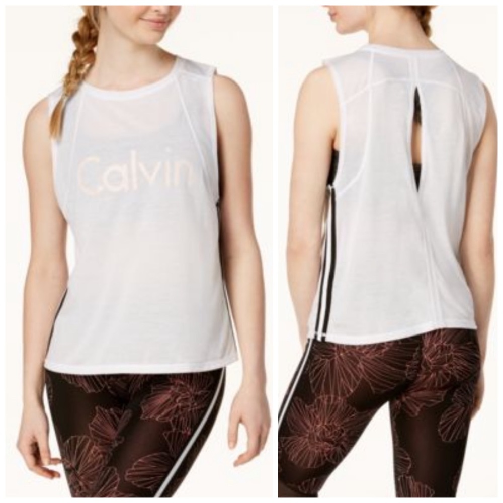 Calvin Klein Performance Racing Stripe Cropped Athletic Tank Top Small